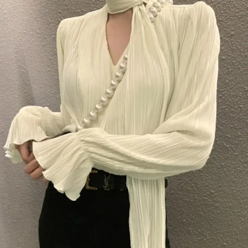 Temperament Pleated Loose Shirt Tops Long Sleeve V Neck Solid Color Elegant Blouse Spring Autumn New Fashion Trend Women Clothes