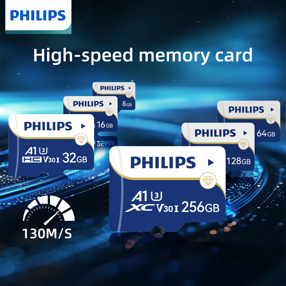 

PHILIPS 128GB High Speed SD Card, A1 U3 V30 C10 4K, Memory Card Compatible with Security Camera/Dash Cam, 8 - 256GB, Blue
