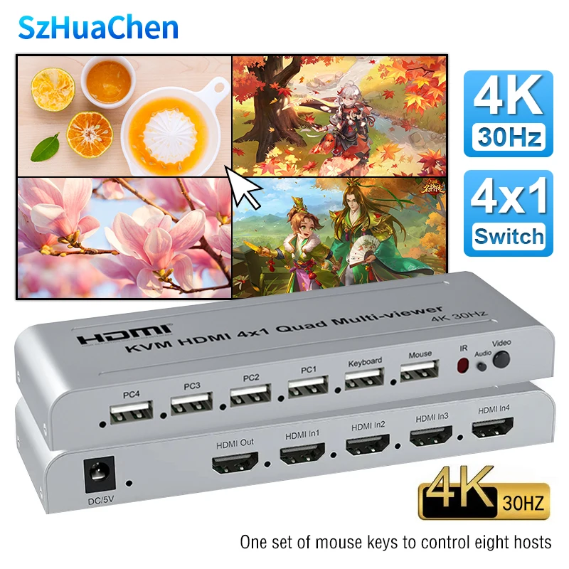 4K HDMI KVM Switch 4x1 with Quad Multi Viewer 4 in 1 out HDMI Multiviewer USB Switcher 4 in 1 out for 4 PC Share Mouse Keyboard