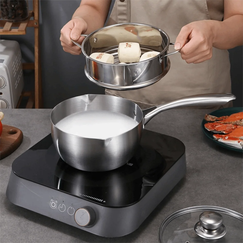 With Glass Lid Stainless Steel Saucepan No Coating Flat Bottom Milk Pot with Marking Dual Side Outlet Port Soup Pot Porridge