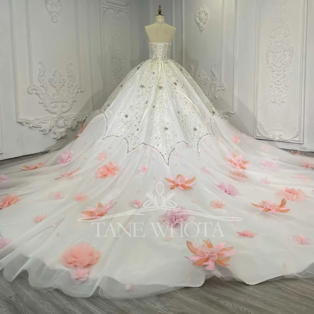 Gaun Pengantin Tanpa Tali Tanpa Lengan yang Dapat Disesuaikan dengan Punggung Berikat Tali, Payet Kristal, dan Hiasan Bunga 3D untuk Pengantin