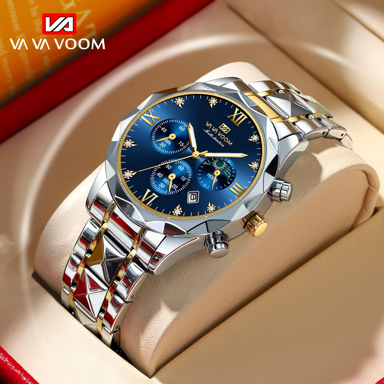 Luxury Men Watch With 41mm Blue Rhinestone Dial Dual Tone Stainless Steel Strap Timing Multifunctional Business Quartz Men Watch