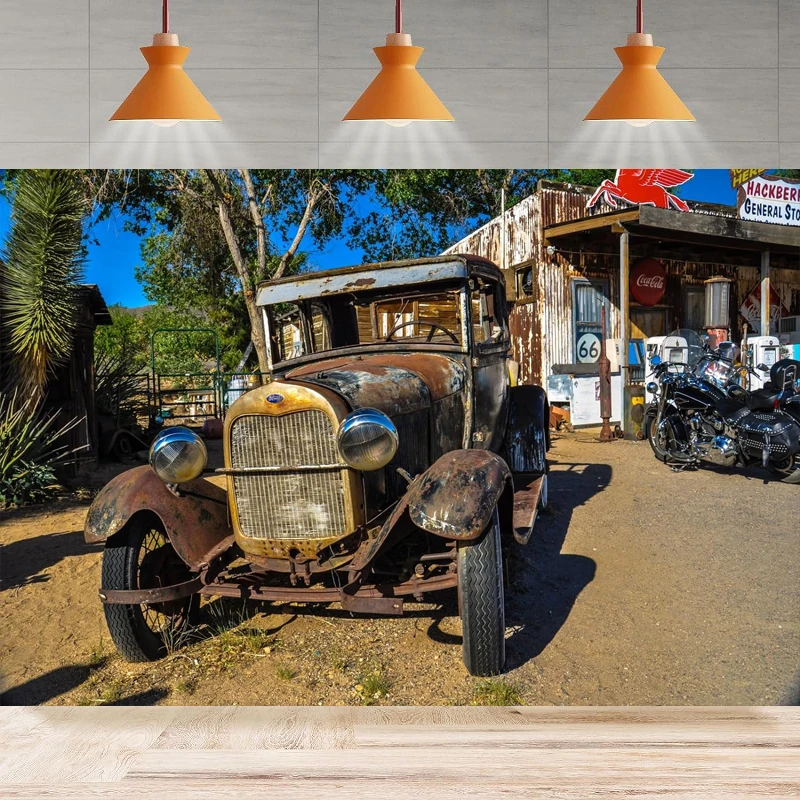 Route 66 Old Gas Station Photography Backdrop Banner Highway Retro Rust Car Wooden House Weeds Asphalt Road Background Wall