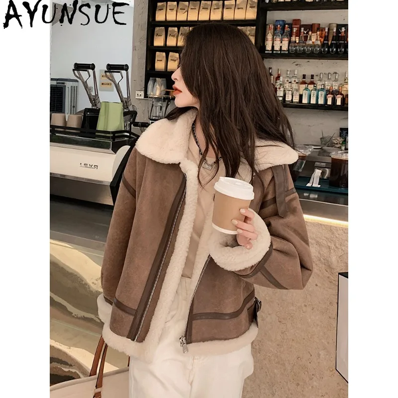 

AYUNSUE Женская зимняя куртка из овечьей шерсти мериноса, с длинными рукавами, в мотоциклетном стиле, верхняя одежда, зимняя женская одежда, Шуба Женская