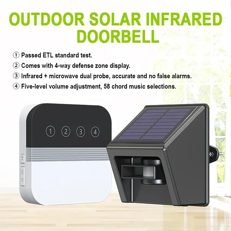 Solar Driveway Alarm Infrared Detection Wireless Doorbell 4-Way Induction Area Display Doorbell Alarm Systems Security Home