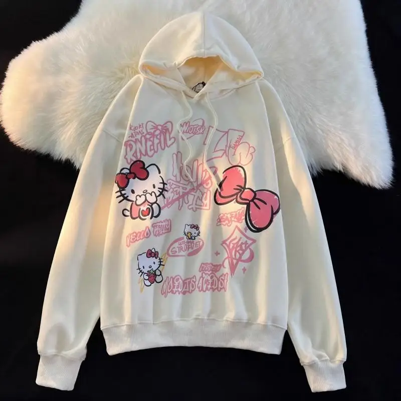 New Sanrioed Hello Kittys Hooded Sweatshirt Cartoon Print Tops Hoodies Women Men Autumn Winter Aesthetic Loose Pullovers Fashion