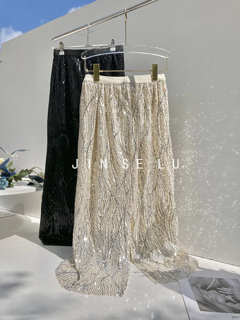 2023 Summer New Sequined Long Skirt for Women's Commuter High Waist Drooping Chic Bulling Shining High-Grade Sheath Skirt Femme