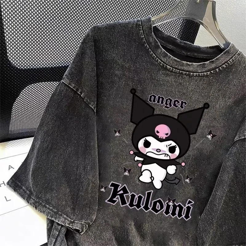 Sanrio Kuromi Japanese Summer Washed Old Kuromi Short Sleeved T-shirt Men Women  Oversized T Shirt Loose Tops 2024 New Harajuku