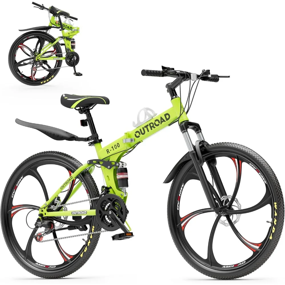 Outroad 26 Inch Folding Mountain Bike, 21 Speed Full Suspension High-Carbon Steel MTB Foldable Bicycle, Dual Disc Brake Non-Slip