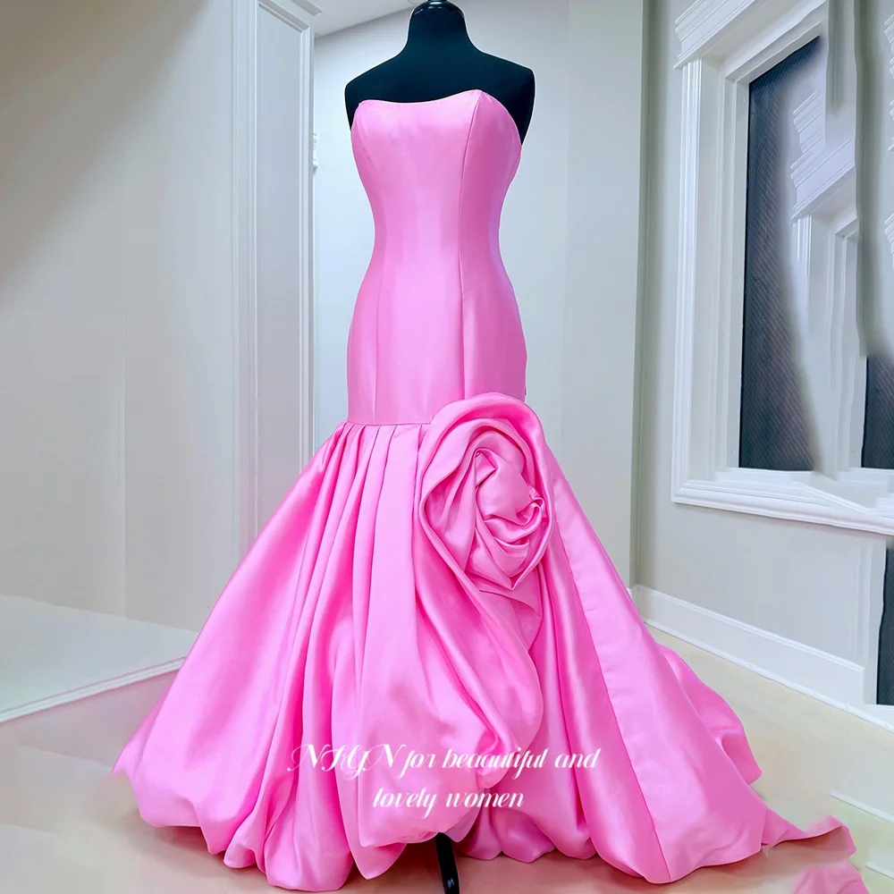 

NFYN Pink Prom Dress Mermaid Party Dress with Flowers Strapless Evening Dress for Arabic Women حزب فساتين Customized