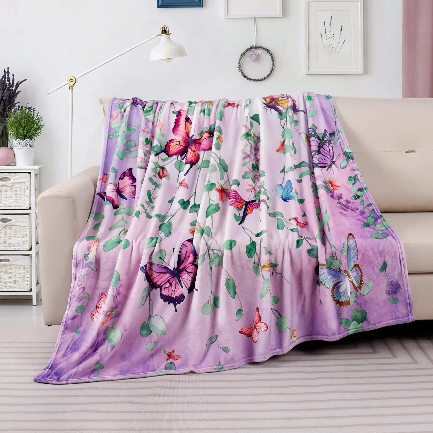 Purple Butterfly Floral Throw Blanket Dreamy Flower Vine Watercolor Botanical Art Home Bedding Decor