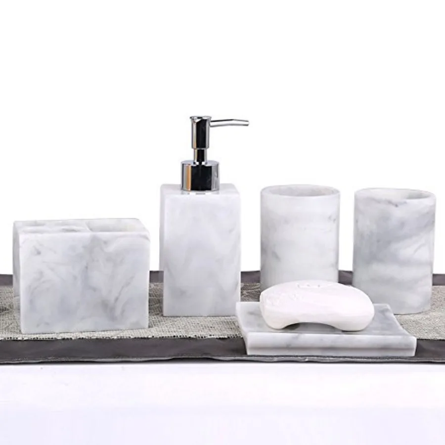 

Resin 5pcs Bathroom Accessory Set - Tumbler, Soap Dish, Liquid Soap Dispenser, Toothbrush Holder