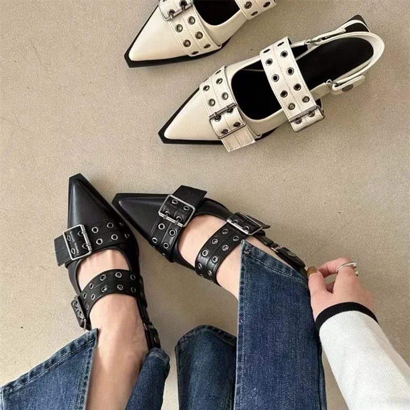 Slingback Shoes Gothic Chunky Heels Women\'s Pumps Rivet Street Style Medium Heel Punk Vintage Casual Sandals Spring Summer 2024