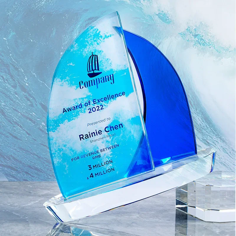 Customized Sailboat Award Color Printing, Crystal Trophy Enterprise Excellent Employee Home Decoration Honor Lettering Medal 1Pc