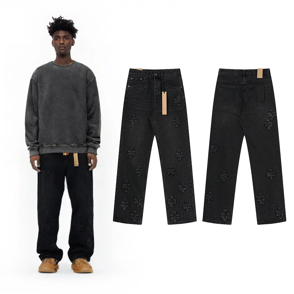

Новая уличная одежда, винтажная одежда, мужские черные мешковатые джинсы с рваной вышивкой, повседневные прямые брюки в стиле ретро в стиле хип-хоп