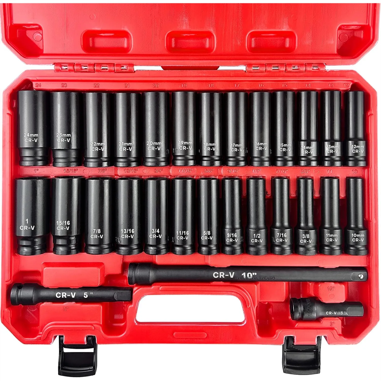 

29pcs 1/2" Drive Deep Impact Socket Set, SAE & Metric, Cr-V Steel with Extension Bars