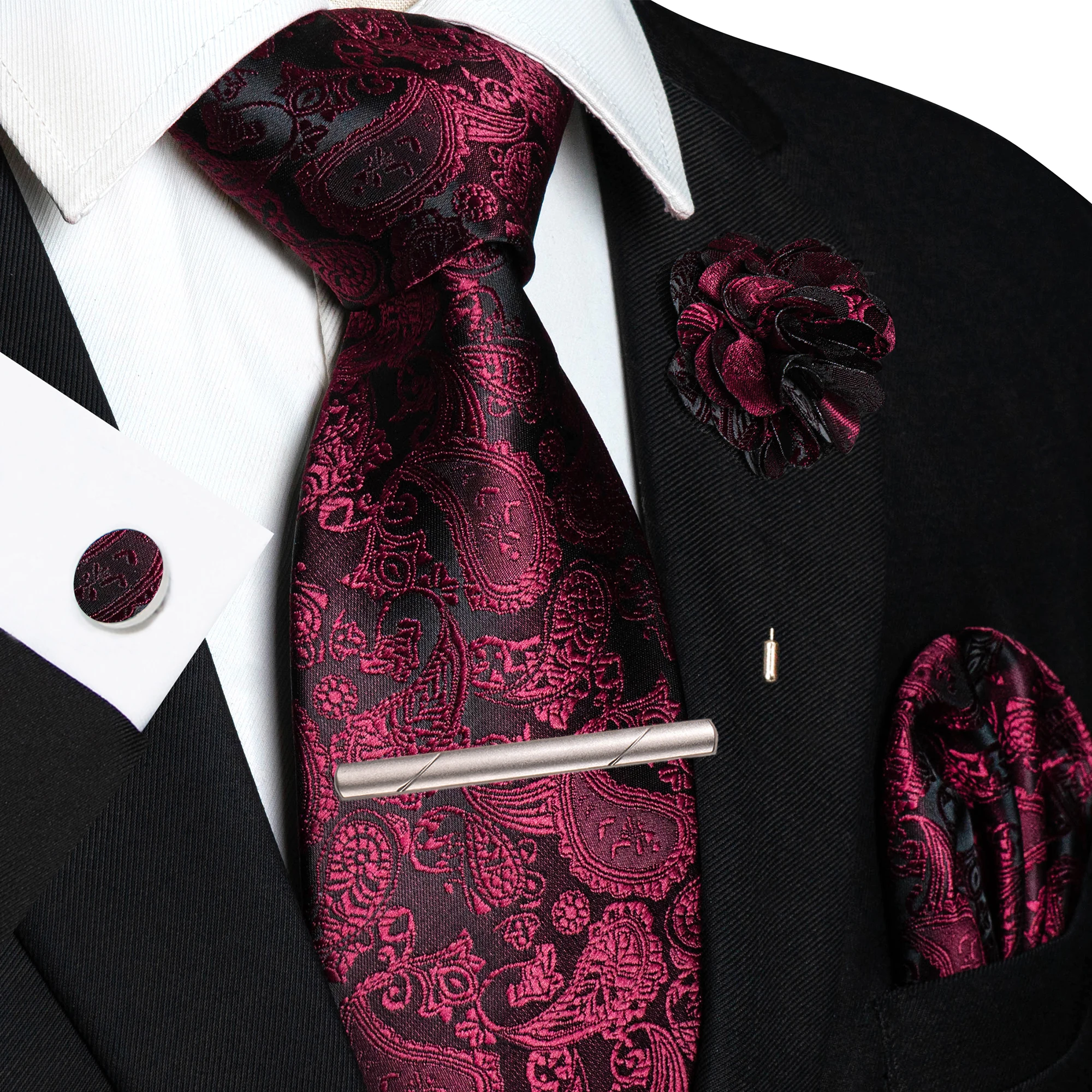 Champagnerfarbene Seidenkrawatte mit Blumen-Paisley-Muster für Herren, Bräutigam, Hochzeit, Herrenkrawatte, Einstecktuch, Manschettenknöpfe, Brosche, Krawattenklammer, Accessoire – Detail 15