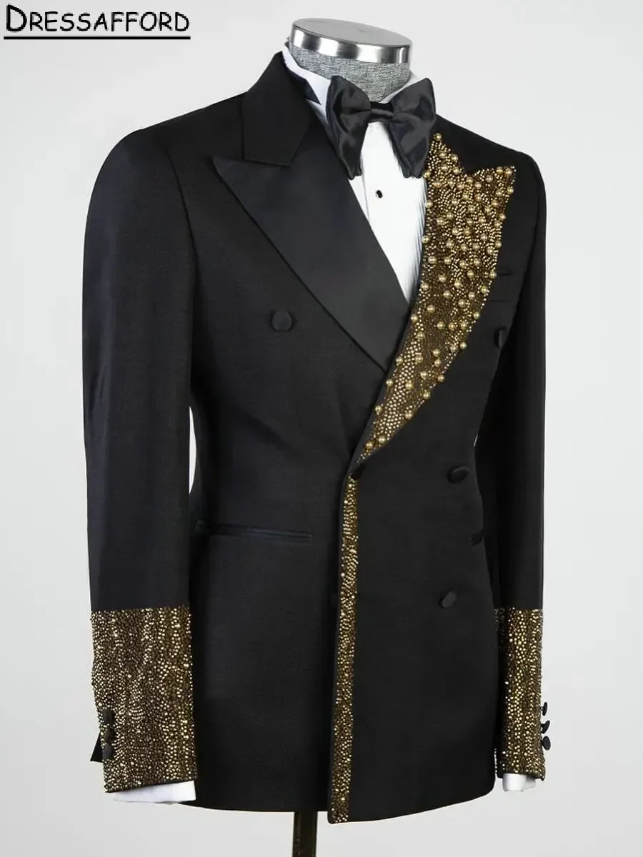 Black Evening Party Men Suits Gold Crystal Pearls Two Pieces Blazer Groom Wear ( Jacket + Pants )