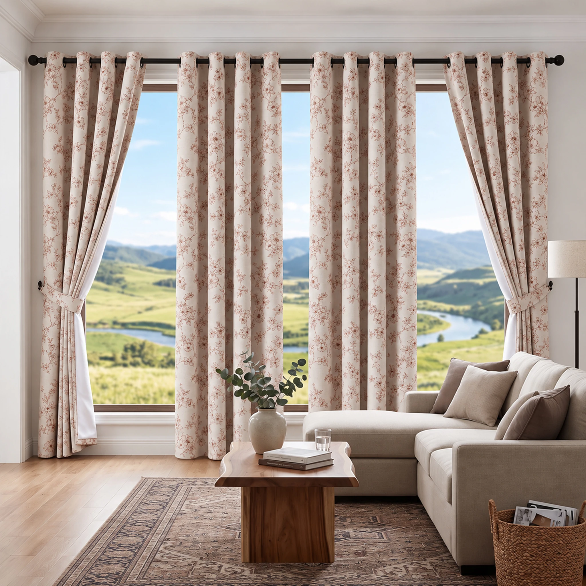 Elegant Red Small Flower Blackout Curtains 4 Pack White Back Coating Thermal Insulated Grommet Drapes for Bedroom Living Room