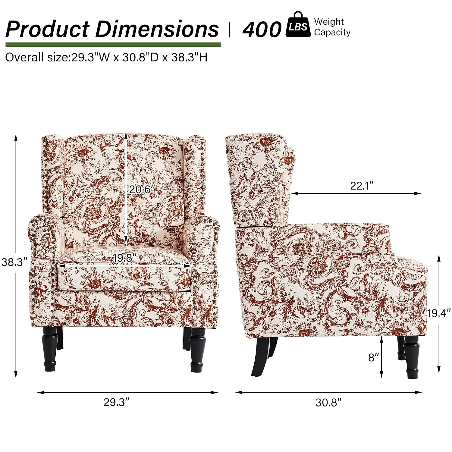 Floral Wingback Chair, High Back Armchair with Wood Legs, For Living Room Bedroom & Small Spaces, Customized