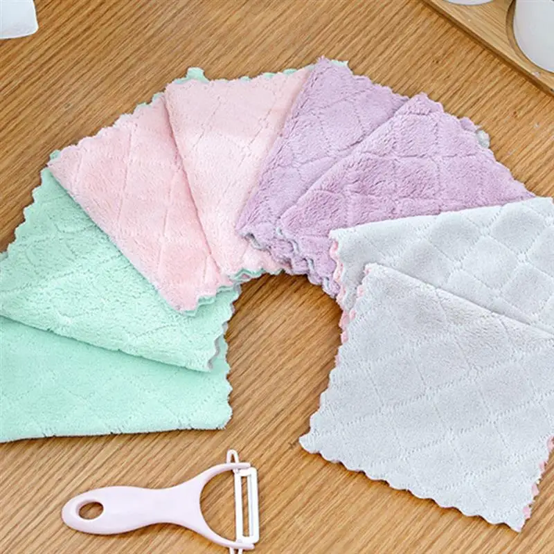 Hot! 1/2/5/10PCS Double-layer Absorbent Microfiber Kitchen Dish Cloth Non-stick Oil Household Cleaning Wiping Towel Kitchen Tool