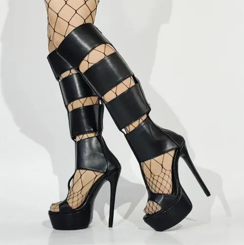

Sexy Women Black Matte Leather Wide Square Leather Plaid Knee High Sandals Boots Hollow Platform Stiletto Heel Long Boots Shoes