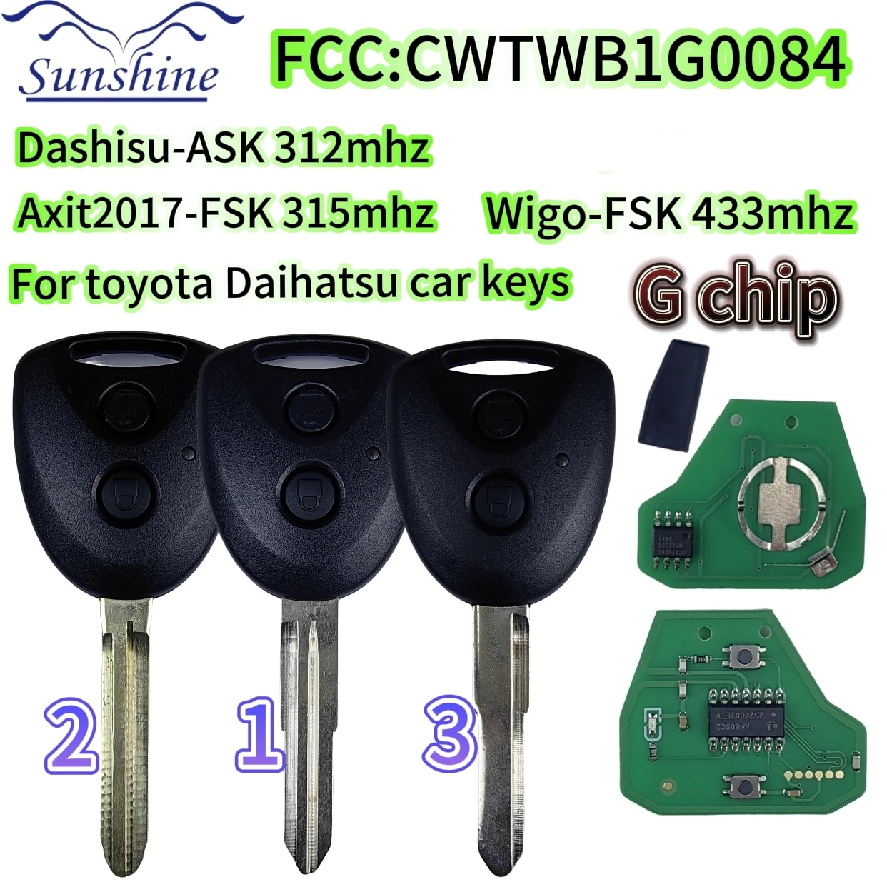 

Sunshine CWTWB1G0084 G chip Remote key/PCB Board For toyota AVANZA Wigo Grand for Daihatsu Xenia Alza Myvi Axia 312/315/433MHZ