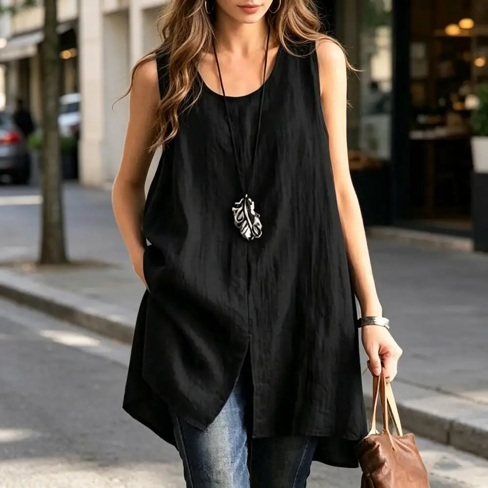 

Летняя хлопковая майка-топ 2026 для женщин, винтажная однотонная блузка без рукавов, свободная пляжная туника с разрезом, женская рубашка-химизер