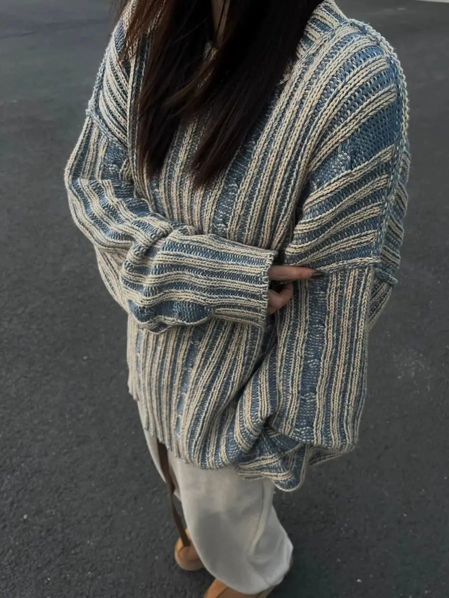 Women Contrast Color Vintage Striped Long Sleeve Knitted Pullovers O Neck High Street Chic Couples Sweaters Y2k Sueter Mujer image 3