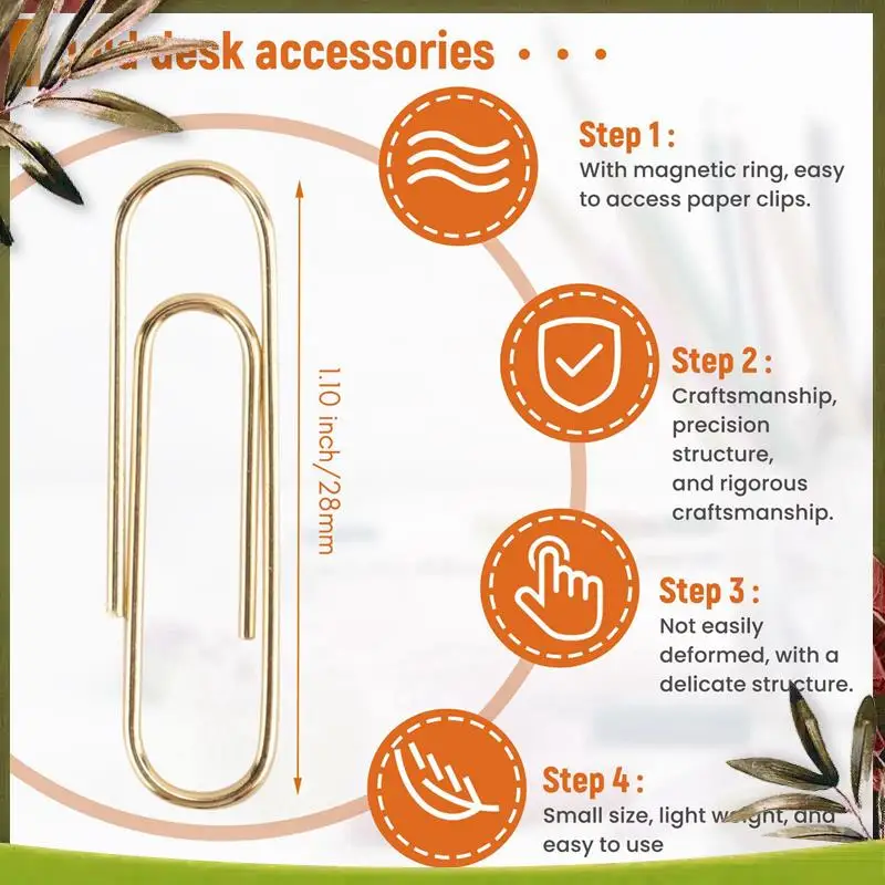 New-Gold Paper Clips In Elegant Magnetic Marble White Clip Holder, 28Mm, 100 Clips Per Box