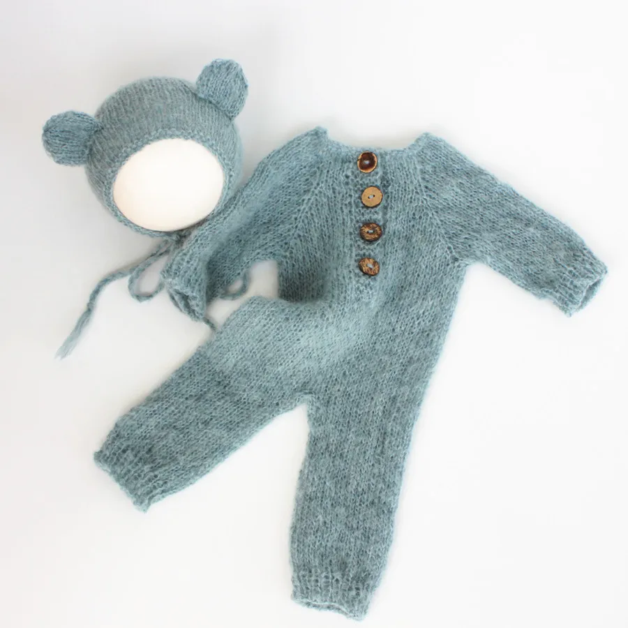 Hand Made Newborn Mohair Onesie  Photography Props Baby  Bear Bonnet & Romper Set