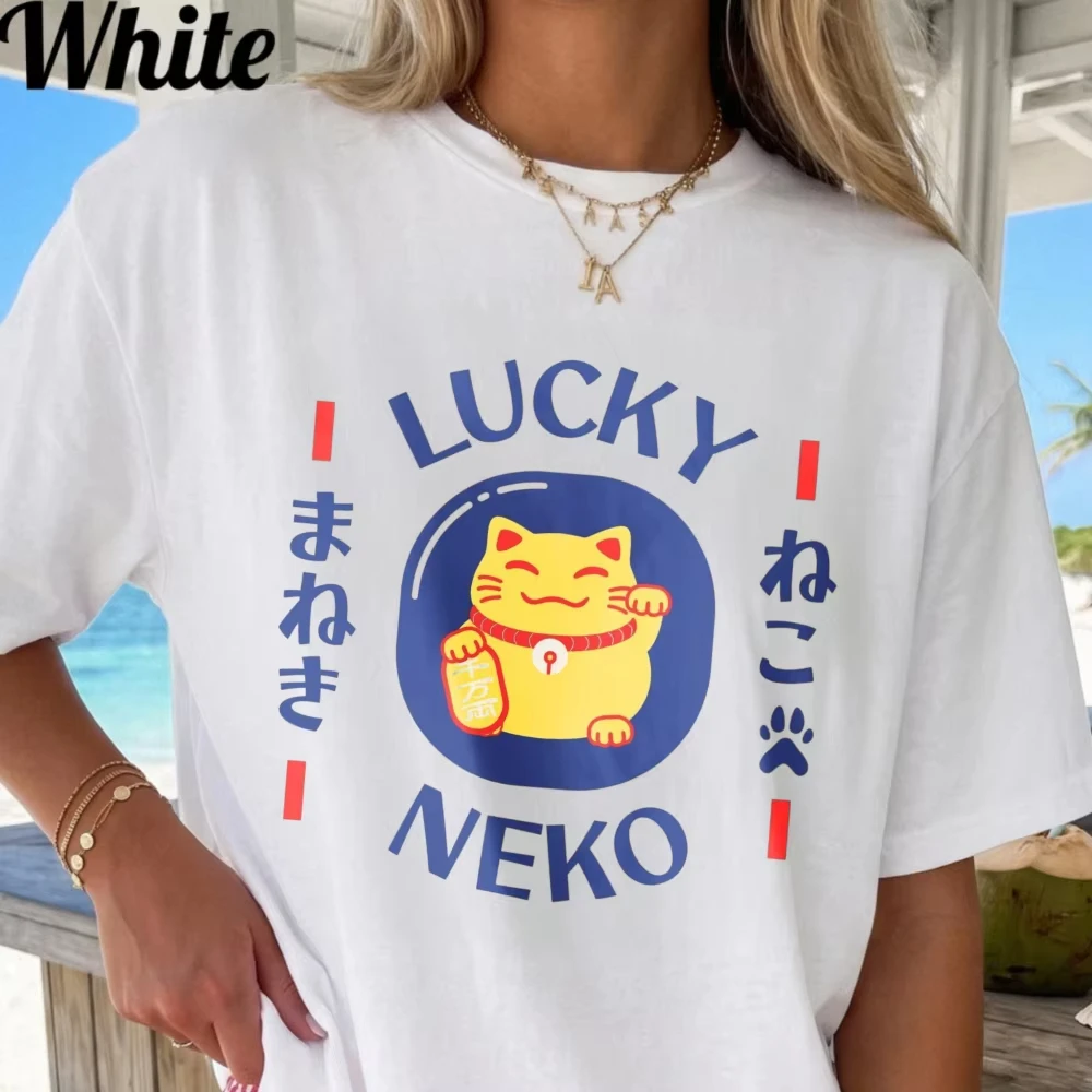 Lucky Neko Graphic Tee Japanese Fortune Cat Kawaii Style Cute Oriental Charm Gift Unisex Fashion Shirt Summer Cotton Tshirt