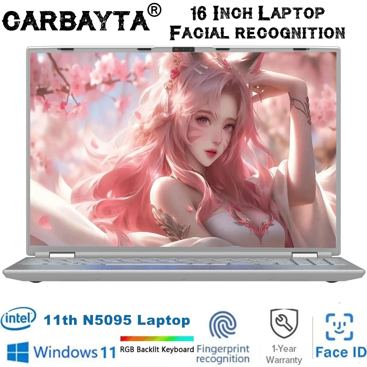 2025 Facial Recognition Intel Notebook N5095 16" Laptop 16GB 32GB RAM Max 2TB ROM Windows 11 Wifi 5 BT 4.2 RGB Keyboard Face ID