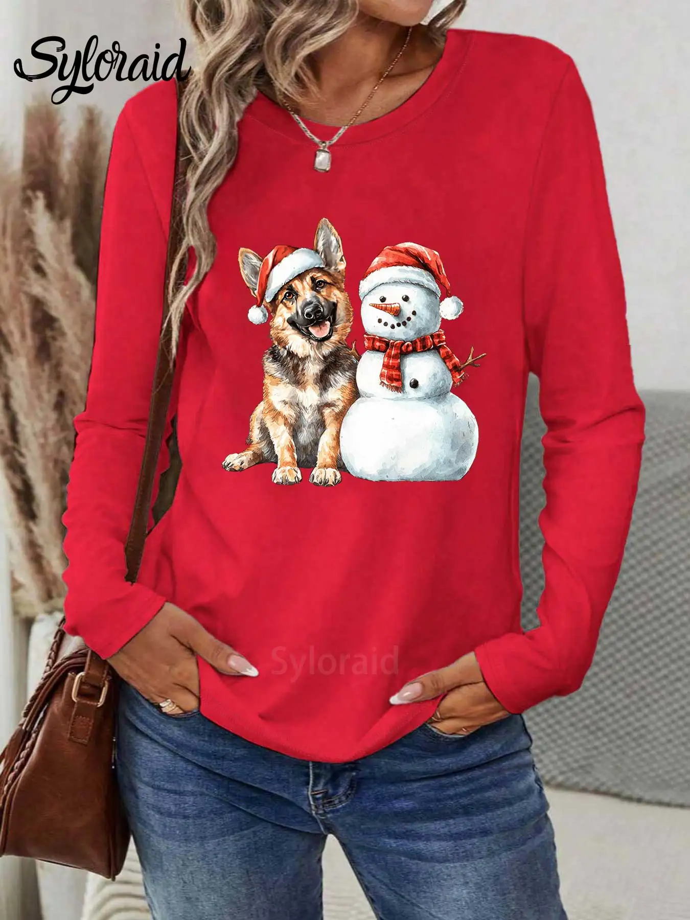 Women's Long Sleeve T ShirtSanta Dog and Snowman Christmas Graphic T ShirtFashion Round Neck Casual Top