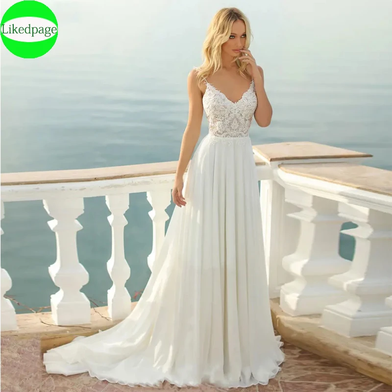 

Sexy Spaghetti Straps Wedding Dresses For Women2024 Chiffon V-Neck Appliques Vestidos De Novia A-Line Bride Gowns Chaple Train