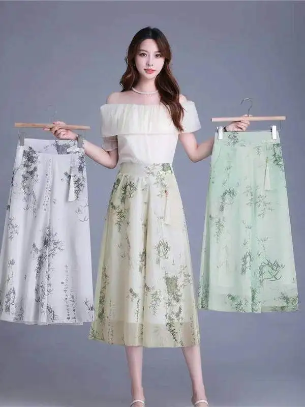 

Elegant Flowing Wide Leg Seven-Foot Pants for Women Summer New Style Silk Chiffon Print Thin High Waist Ethnic Style Casual P...