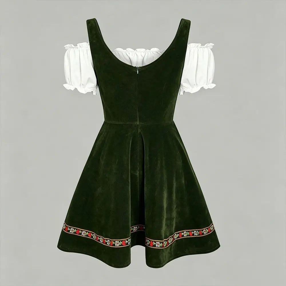 Ruffled Detail Bavarian Dirndl Dress Lace-Up Front A-Line Silhouette Traditional Folk Dress Polyester Square Collar
