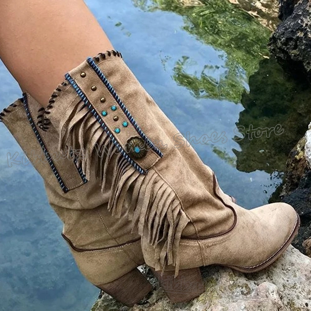Cowboys Knee High Boots Fringe Suede Vintage Fashion Luxury Elegant Concise Sexy Pointy Chunky Heel Spicy Girl Shoes Solid Color