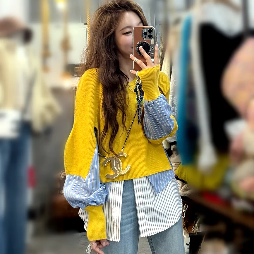 

Ins Chic Spring Casual Blouses Women's Feminino Stripped Knitted Spliced Patchwork Shirts Casual Bouses Blousa tops NZ196