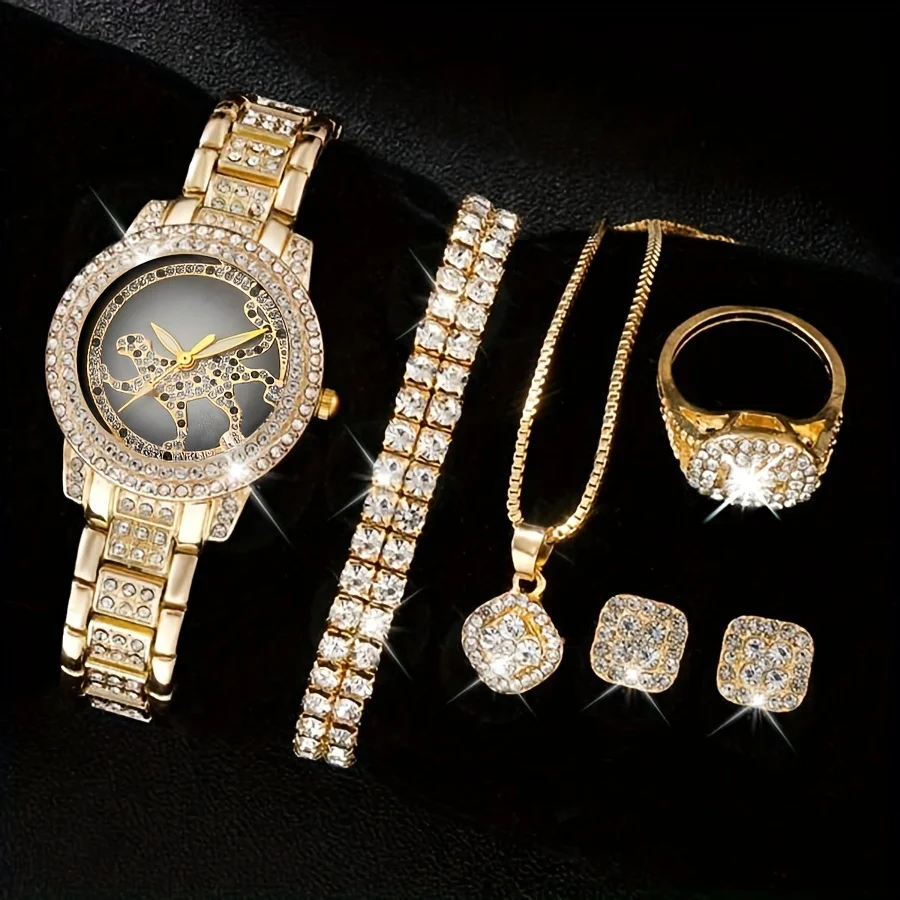 

7pcs/set Women's Watch Cheetah Leopard Quartz Watch Hiphop Rhinestone Analog Wrist Watch & Jewelry Set, Gift For Mom Her