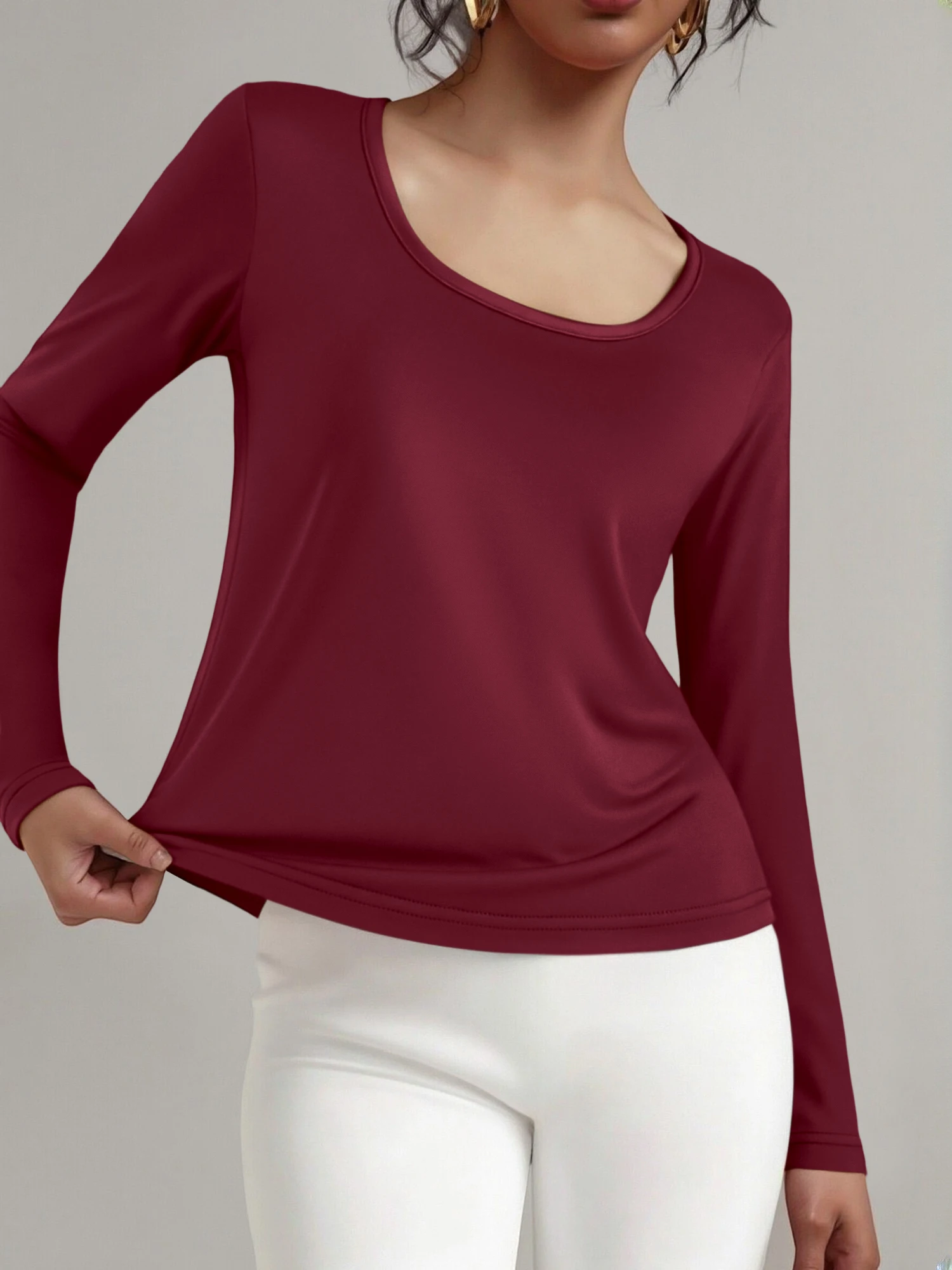 French Chic Low U Neck Slim Long Sleeve Shirts Soft Stretchy Skin-Tight Inner Tops Daily Office Wear Solid Tees