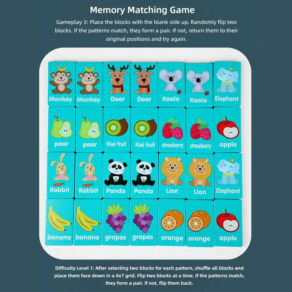 36PCS Creative Wood Chain Game Blue Cartoon Fruit Animal Mahjong Game Pair Matching Matching Game Montessori Learning