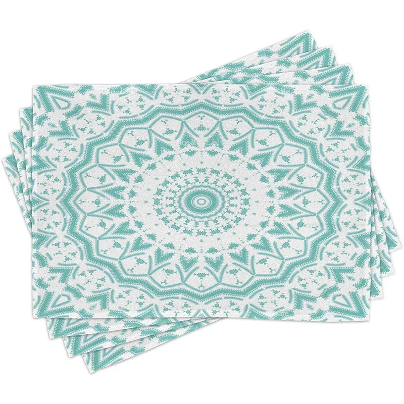 Aqua Mandala Tie Dye Effect Floral Leaves Seem Design Image Art Print Fabric Placemats For Dining Table Decor