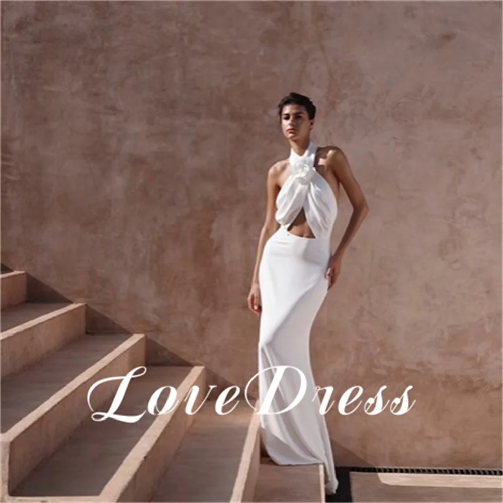 Love-Simples Halter Criss-Cross Flower Stain Vestidos de casamento, Sexy Costas Abertas, Sereia, até o chão, plissadas, elegantes vestidos de noiva, 3D, Mancha