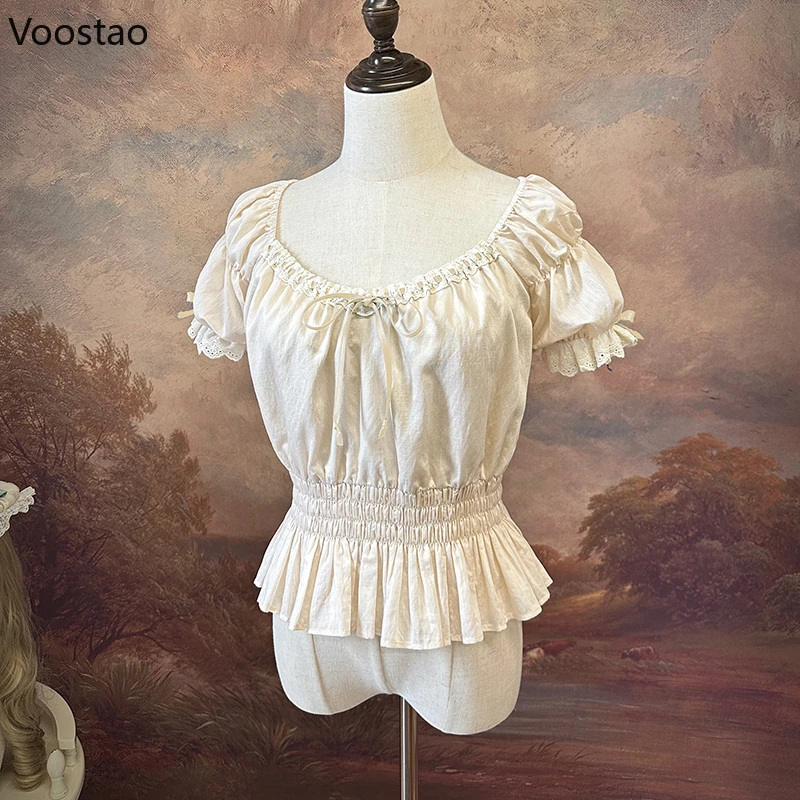 Vintage Sweet Lolita Blouses Women Cute Bow Lace Ruffles Puff Sleeve Slim Undershirt Girls Gothic Kawaii Shirt Crop Tops Summer