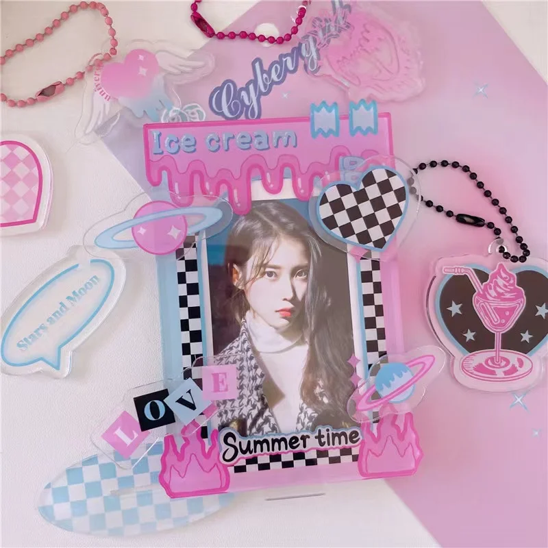 

Kawaii розовый настольный дисплей, акриловая фоторамка, держатель для фотокарт Kpop, 3-дюймовый защитный чехол, рукава для фото, подарочное украшение