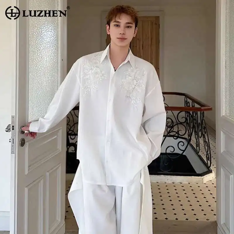 

LUZHEN, однотонные элегантные повседневные рубашки с вышивкой, мужские весенние новинки 2024, роскошные оригинальные свободные топы с длинными рукавами LZ9541