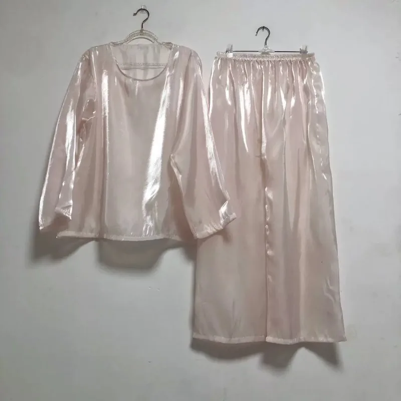 Sexy transparent Sleepwear Set Through Glossy Satin Pajamas Long Sleeve Women Loose Sleeping Plus Size Top Pants Home Textile