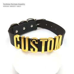 Goth Punk Schwarz PU Angepasst Choker Kragen Halskette Personifizierte Name Chocker Cosplay Wählen Buchstaben Halskette Frauen Männer