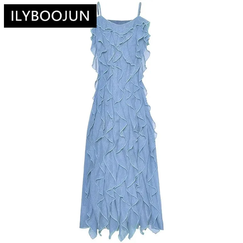 

ILYBOOJUN Fashion Designer Women's New Backless Spaghetti Strap Elegant Flounced Edge High-Waisted Bohemian Ball Gown Maxi Dress